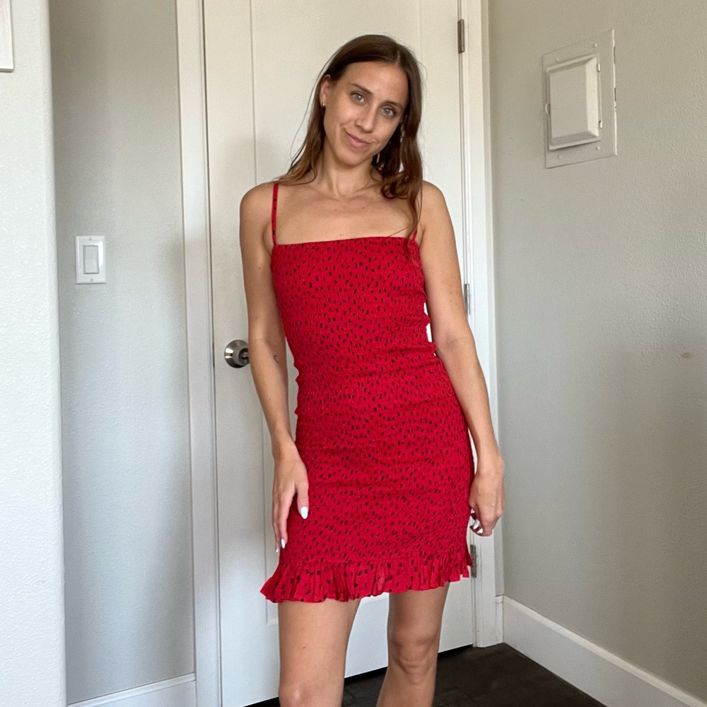 Billabong Red + Black Dot Spaghetti Strap Dress with Rushed Material & Ruffle